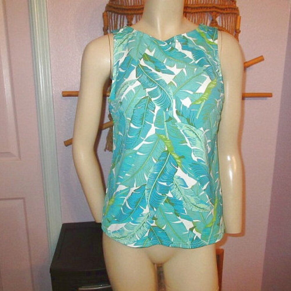 Lands' End Tropical Palms Tankini Swimsuit Top Size 10 Bra UPF High Neck Modest